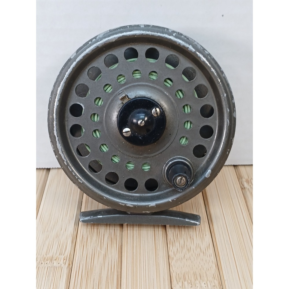 Vintage Metal Fly Fishing Reel Ventilated Spool Gray with Green Line 3 Inch